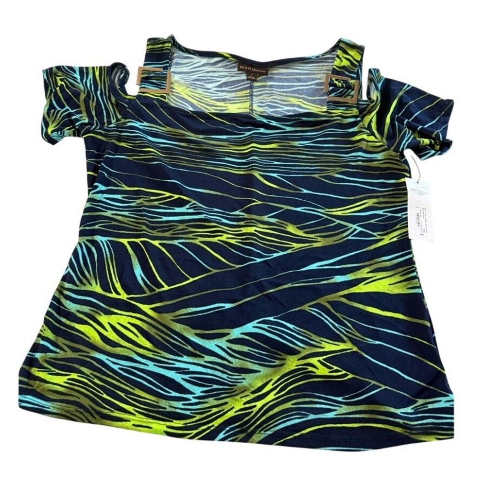 Bold Elements Blue Wave Multi Cold Shoulder Buckle Top Large NWT - Picture 4 of 8